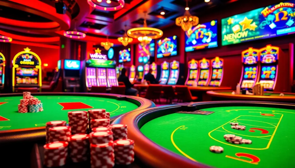 Engaging in đánh bài đổi thưởng at a dynamic online casino setting filled with tables, chips, and games.