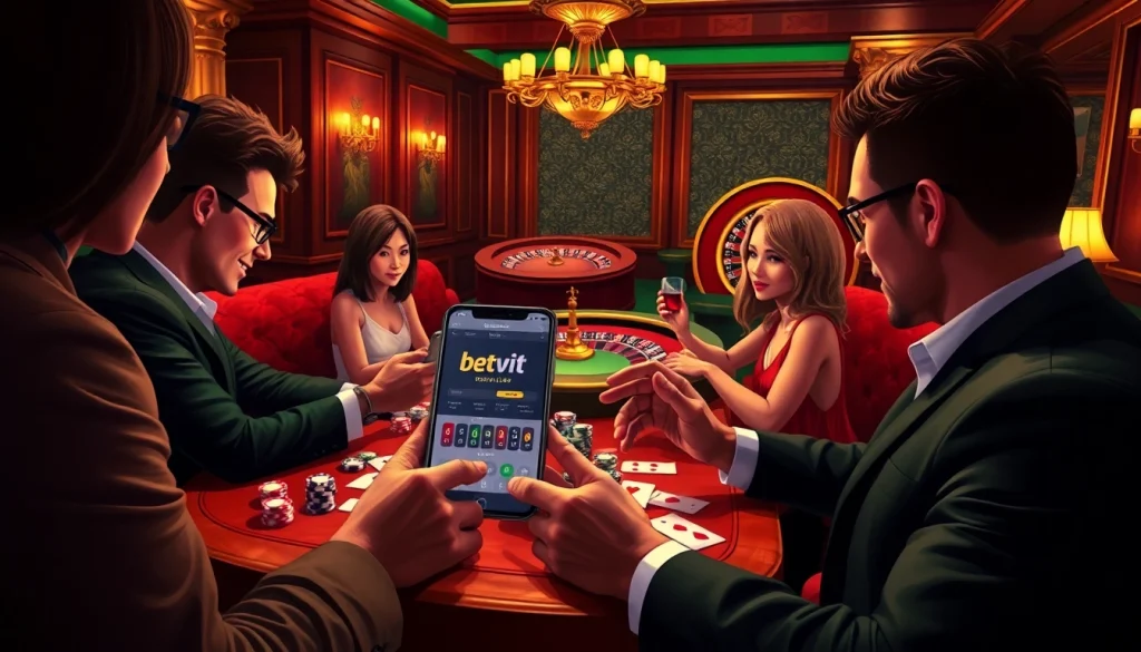 Players engaging with the bet vip app at a luxurious casino with vibrant tables and chips.